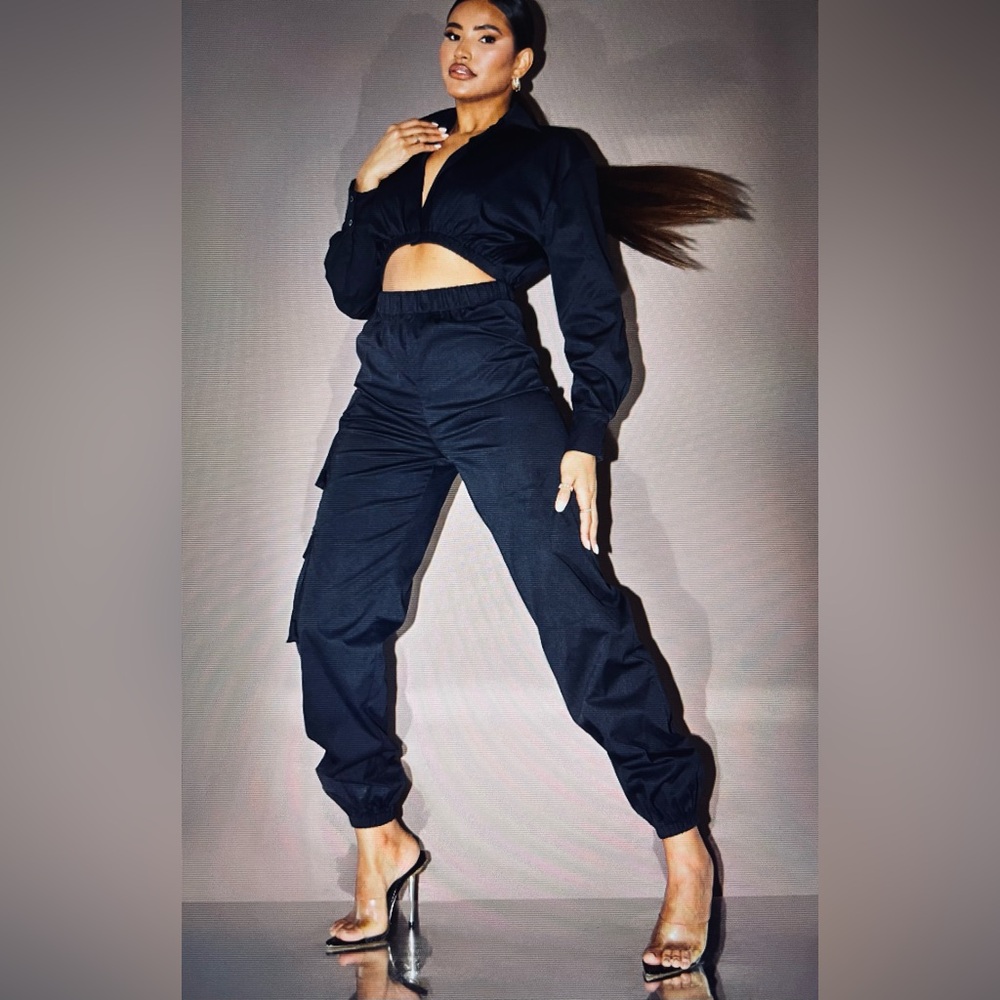 PrettyLittleThing Black Cut-Out Cargo Jumpsuit